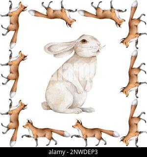Fuchs mit Hasen, Aquarell-Illustration. Vorlage mit quadratischem Muster für wilde Tiere Stockfoto