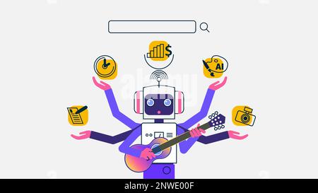 Illustration eines niedlichen Zeichentrickroboters mit mehreren Händen, wobei jede Hand Symbole für beliebte Suchaufgaben auf ihrer Handfläche zeigt, vor einem weißen Hintergrund. A Stock Vektor