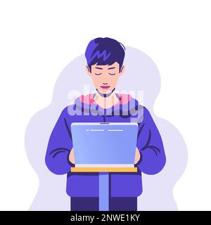 Ein junger Programmierer arbeitet mit einem flachen Notebook. Stock Vektor