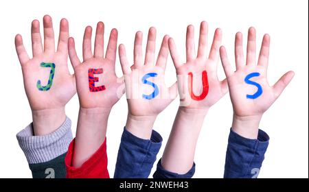 Kinderhände Bauen Wort Jesus, Isolierter Hintergrund Stockfoto