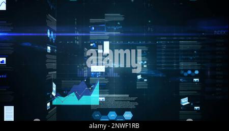 Bild von Datenverarbeitung und Lichtflecken über Diagrammen auf schwarzem Hintergrund Stockfoto