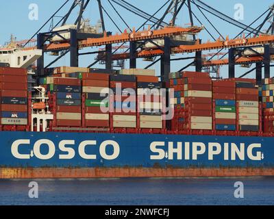 Angabe eines COSCO-Containerschiffes am Terminal des Hafens von Rotterdam, Niederlande. Stockfoto