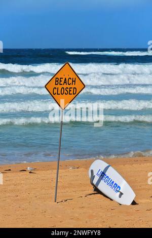 502 Manly Beach aufgrund schlechter Meeresbedingungen geschlossen - gelber Schild und weißes Rettungsschwimmbrett. Sydney-Australien. Stockfoto