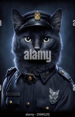 Schwarze Bullenkatze in Polizeiuniform mit Hut und Dienstmarke. Isoliert auf reinem schwarzen Hintergrund. Eine sehr süße Polizistin, die eine coole Uniform trägt und einen hat Stockfoto