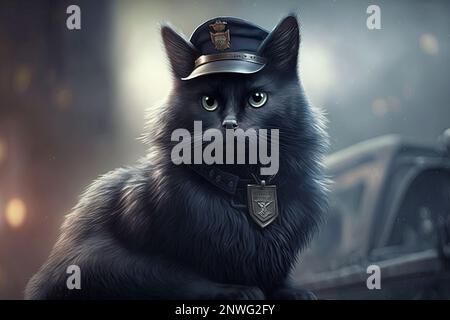 Charmanter Katzenpolizist mit schlanker Uniform und Abzeichen und Mütze. Ein bezaubernder Katzenpolizist, der die Stadt überwacht und sich mit jedem auseinandersetzt Stockfoto