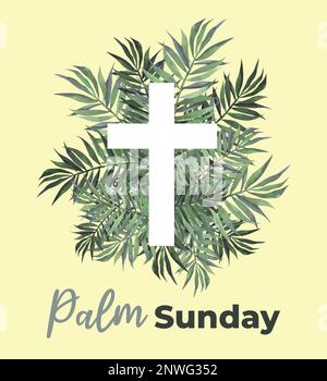 Darstellung von Christian Palm Sunday mit Palmenzweigen und Blättern und Kreuzdarstellung. Stock Vektor