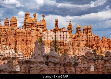 Der atemberaubende und einzigartige Bryce Canyon in Utah im Sommer an einem stürmischen, blauen, wolkigen Sonnenuntergang mit wunderschönen Wolken und berühmten Gipfeln. Stockfoto