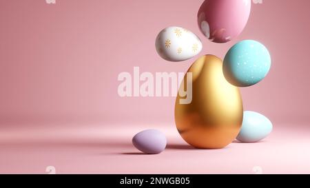 Farbenfrohe und dekorierte Ostereier auf pastellrosa Hintergrund. 3D Abbildung. Stockfoto