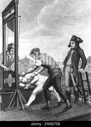 Eine Gravur der Hinrichtung von Maximilien Robespierre durch Guillotine am 28. Juli 1794. Stockfoto