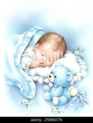 Ihr Baby schläft auf dem blauen Kopfkissen und das weiche Spielzeug auf Weiß Stockfoto