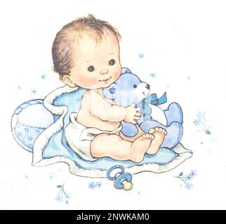 Blaue Babydecke und Teddy auf Weiß Stockfoto