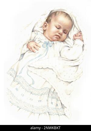 Baby-realistischer Junge, der im Schal auf Weiß schläft Stockfoto