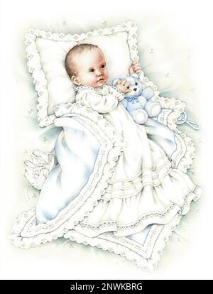 Baby-realistisches Kissen und Decke für Jungen auf Weiß Stockfoto