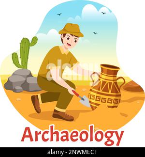 Archäologische Illustration mit archäologischen Ausgrabungen antiker Ruinen, Artefakte und Dinosaurierfossil in handgezeichneten Flat Cartoon-Vorlagen Stock Vektor