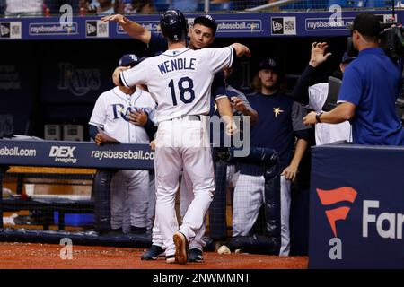 ST. PETERSBURG, FL - SEPTEMBER 15: Tampa Bay Rays second baseman Joey Wendle (18) hugs Tampa Bay Rays shortstop Willy Adames (1) after scorimnhg a run in the 7th inning of the regular season MLB game between the Oakland Athletics and Tampa Bay Rays on September 15, 2018 at Tropicana Field in St. Petersburg, FL. (Photo by Mark LoMoglio/Icon Sportswire) (Icon Sportswire via AP Images)