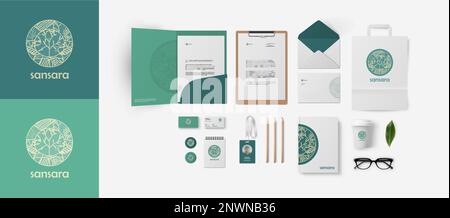 Umweltfreundliche, natürliche Corporate Identity Designvorlage mit kreisförmigem Logo und mildem Gamma-Hintergrund. Branding für Umweltunternehmen oder Yoga-Center, vegan. Stock Vektor