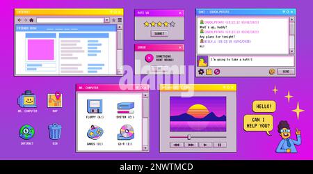 Retro-Computer-Bildschirm-Schnittstelle im 90s-Grafikstil. Digitale grafische Benutzeroberfläche eines Desktop-PCs mit Windows, Browser, Chat und Ordner im Y2K-Stil, Vektorgrafik Stock Vektor