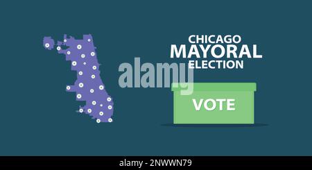 2023-Vektorgrafik der Bürgermeisterwahl in Chicago in dunkelblauer Farbe mit grünem Stimmkästchen. Weiße Typographie. Stimmpins und -Orte auf der Karte von Chicago Stock Vektor