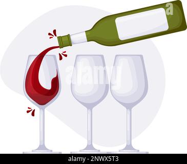 Drei Gläser und eine Flasche Rotwein, Vektorbild für Menü oder Werbebanner Stock Vektor