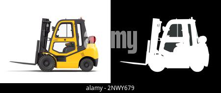 Gabelstaplerlader Industriefahrzeug Konzept 3D Rendern auf Weiß mit Alpha Stockfoto