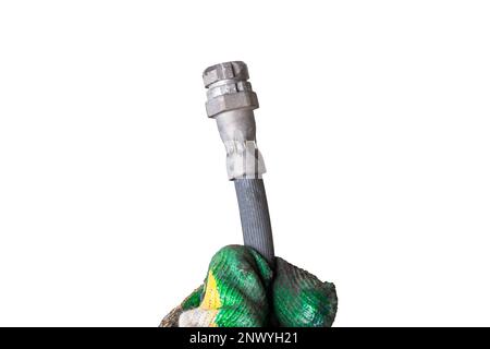 Gebrauchter Bremsschlauch Nahaufnahme auf weißem, isoliertem Hintergrund in einem Fotostudio - Hochdruckmanschette und zwei Metallspitzen zum Anschluss an die Zylinder. R Stockfoto