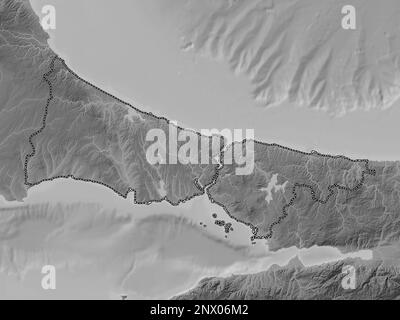 Istanbul, Provinz Turkiye. Grauskala-Höhenkarte mit Seen und Flüssen Stockfoto