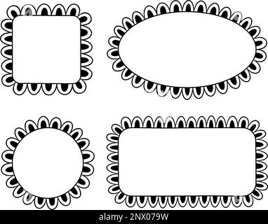 Doodle Circle und quadratische Muschelrahmen. Handgezeichnete Rechteck- und Ellipsenformen mit ausgekrümmten Kanten. Einfaches Etikettenformular. Rahmen aus Blumenspitze Stock Vektor