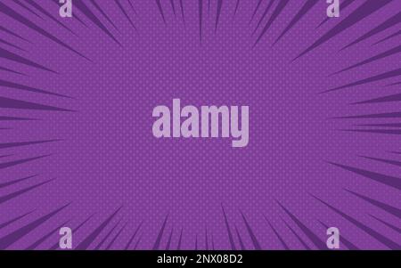 Comic Retro Pop Art Burst Hintergrund. Lilafarbener Blitz-Halbtonrahmen im Vintage-Look. Cartoon im Retro-Look mit Punkten und Streifen. Abstrakter Vektor Stock Vektor