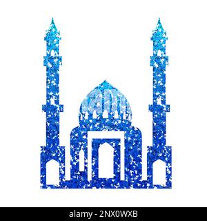 Wunderschönes Moschee-Logo. Muslimische Moschee mit Kuppel und Turm in blauer, flacher Fassade isoliert auf Weiß. Östliches kulturelles Wahrzeichen. Vektor illustr Stock Vektor