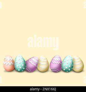 3D Ostereier in Pastelltönen - verspieltes weiches Design für den Urlaub - Banner, Tapete, Postkarte, Post in sozialen Medien mit Textbereich; bunte Eier Stockfoto