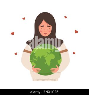 Einen schönen Tag auf der Erde. Lächelndes arabisches Mädchen, das Planet mit Sorgfalt und Liebe hält. Natur- und Umweltfreundlichkeit. Konzept des Umweltbewusstseins. Vektor Stock Vektor