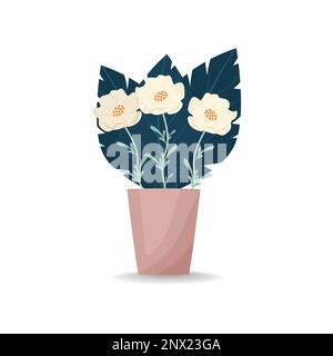 Blumenstrauß in einer Vase. Weißer Mohn. Vektordarstellung im flachen Stil, Bo. Blühende Nelkenblumen, dekorative Blätter Stock Vektor