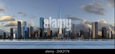 Moderne Stadt mit wunderschönem Blick und leerem Boden vor dem Hotel. 3D-Rendering Stockfoto