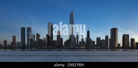 3D-Darstellung einer modernen Stadt mit wunderschönem Blick und leerem Boden vor dem Hotel Stockfoto