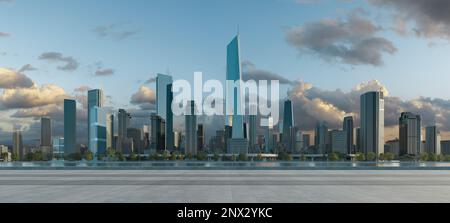 Moderne Stadt mit wunderschönem Blick und leerem Boden vor dem Hotel. 3D-Rendering Stockfoto