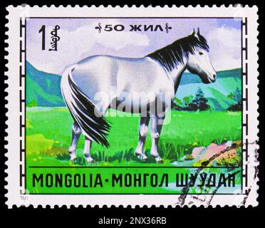 MOSKAU, RUSSLAND - 15. FEBRUAR 2023: Poststempel gedruckt in der Mongolei zeigt Pferde (Equus ferus caballus), Tierhaltungsserie, ca. 1971 Stockfoto