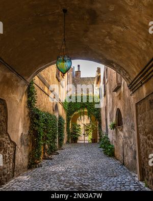 Malerische mittelalterliche Gasse mit Bögen und überdachten Wegen in der Altstadt von Tuscania. Toskanien, Provinz Viterbo, Latium, Italien, Europa Stockfoto