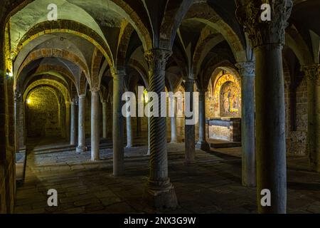 Die Kolonnade, die die Kreuzgewölbe der Krypta der Basilika San Pietro in Toskanien unterstützt. Toskanien, Provinz Viterbo, Latium, Italien, Europa Stockfoto