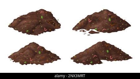 Satz organischer Bodenhalde für Kompost, Gartenrecycling von Naturmüll. Erdwürmer und biologisch abbaubarer Müll. Vektordarstellung Stock Vektor