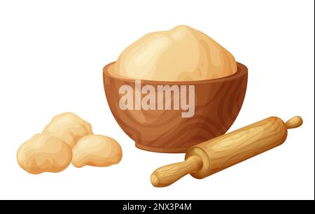 Frischer Rohteig zum Backen. Hausgemachtes, leckeres Brot. Karikatur aus hölzernen Küchen-Rollnadeln. Vektordarstellung für Menü, Café, Restaurant Stock Vektor
