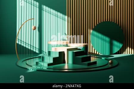 Leere Bühne im chinesischen Stil mit geometrischer Innenarchitektur, 3D-Rendering. Digitale Zeichnung. Stockfoto