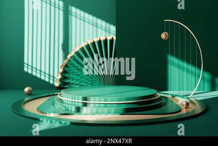 Leere Bühne im chinesischen Stil mit geometrischer Innenarchitektur, 3D-Rendering. Digitale Zeichnung. Stockfoto