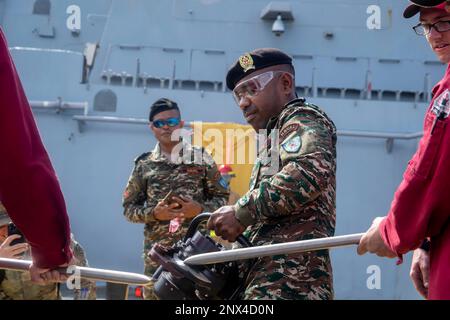 DILI, Timor-Leste (Feb. 15, 2023), A member of the Timor-Leste Defense Force (F-FDTL) uses a Power Hawk P-16 Portable Electric Powered All Purpose Rescue Set (PEARS) aboard amphibious transport dock ship USS John P. Murtha (LPD 26) during Cooperation Afloat Readiness and Training (CARAT) 2023, Feb. 15, 2023. The Makin Island Amphibious Ready Group, comprised of amphibious assault ship USS Makin Island (LHD 8) and amphibious transport docks USS Anchorage (LPD 23) and USS John P. Murtha (LPD 26), is operating in the U.S. 7th Fleet area of operations with the embarked 13th Marine Expeditionary Un Stock Photo