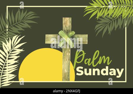 Darstellung von Christian Palm Sunday mit Palmenzweigen und Blättern und Kreuzdarstellung. Stock Vektor