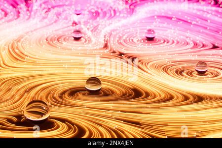 Fließende Linien und leuchtende Partikel, Neonlinien im Hintergrund, 3D-Rendering. Digitale Zeichnung. Stockfoto
