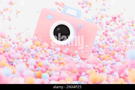 Cartoon-Kamera mit farbenfrohem Kugelhintergrund, 3D-Rendering. Digitale Zeichnung. Stockfoto