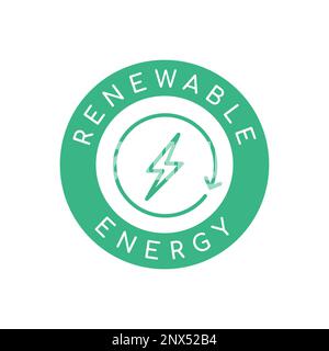 Logo für erneuerbare Energien mit Text. Grünes, rundes Emblem mit heller Schraube. Nachhaltige Energiequellen. Pfeil zur Erzeugung von Naturenergie. Schalten Sie das Gerät aus und wieder ein Stock Vektor