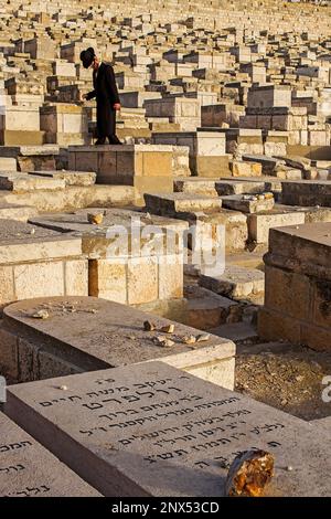 Orthodoxe Juden im jüdischen Friedhof, Ölberg, Jerusalem, Israel. Stockfoto