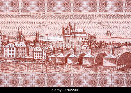 Blick auf die Stadt Prag von tschechoslowakischem Geld Stockfoto