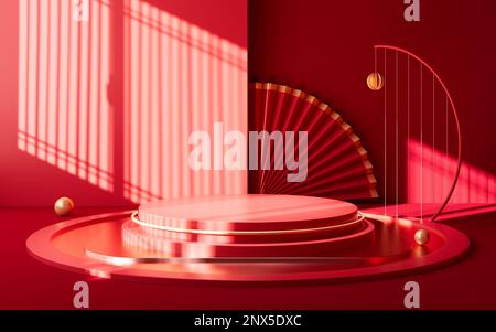 Leere Bühne im chinesischen Stil mit geometrischer Innenarchitektur, 3D-Rendering. Digitale Zeichnung. Stockfoto